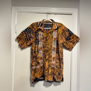 Vintage Style African Batik Shirt Short Sleeve  Embroidered Panel Front Top